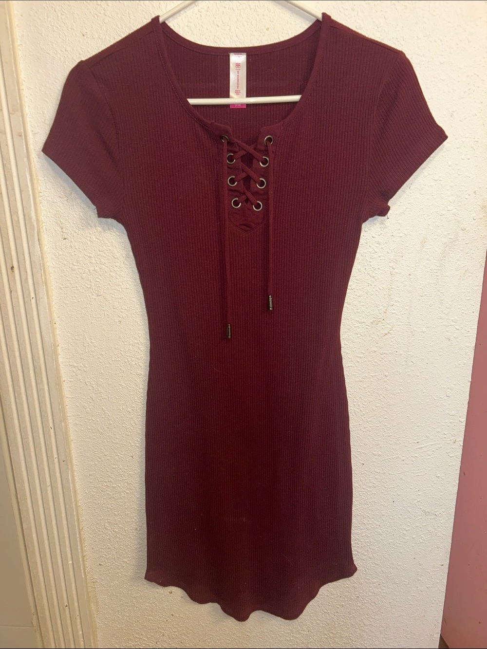 No Boundaries Lace-Up Ribbed Mini Dress - Burgundy